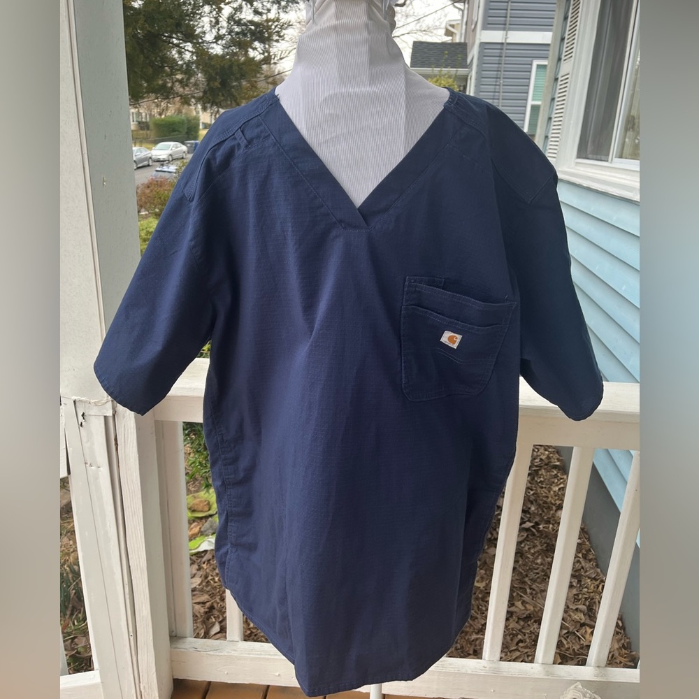 Carhartt V-Neck Scrub Shirt Top Unisex XL Blue Short Sleeve Pocket
